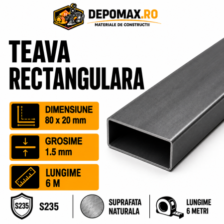 Teava rectangulara 80 x 20 x 1.5 mm, 6 metri